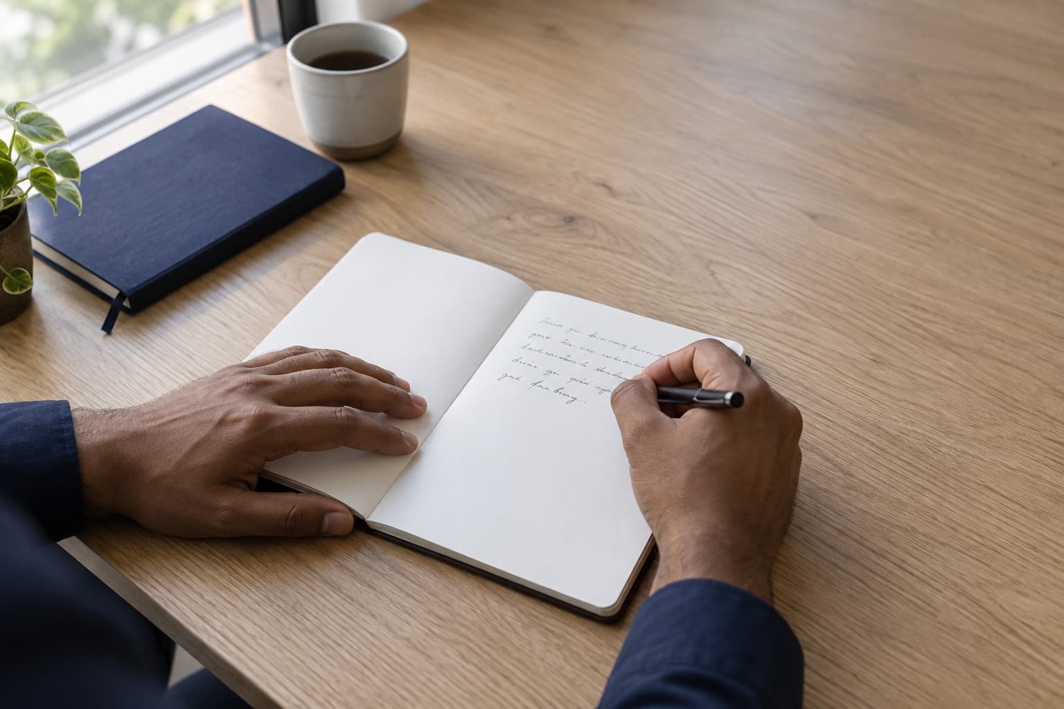 A person writing a natural handwriting sample at a desk