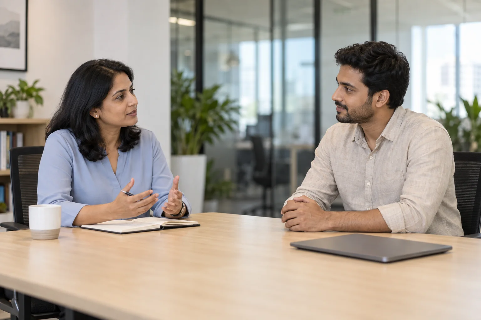 Two colleagues listening and sharing perspectives in a workplace conversation