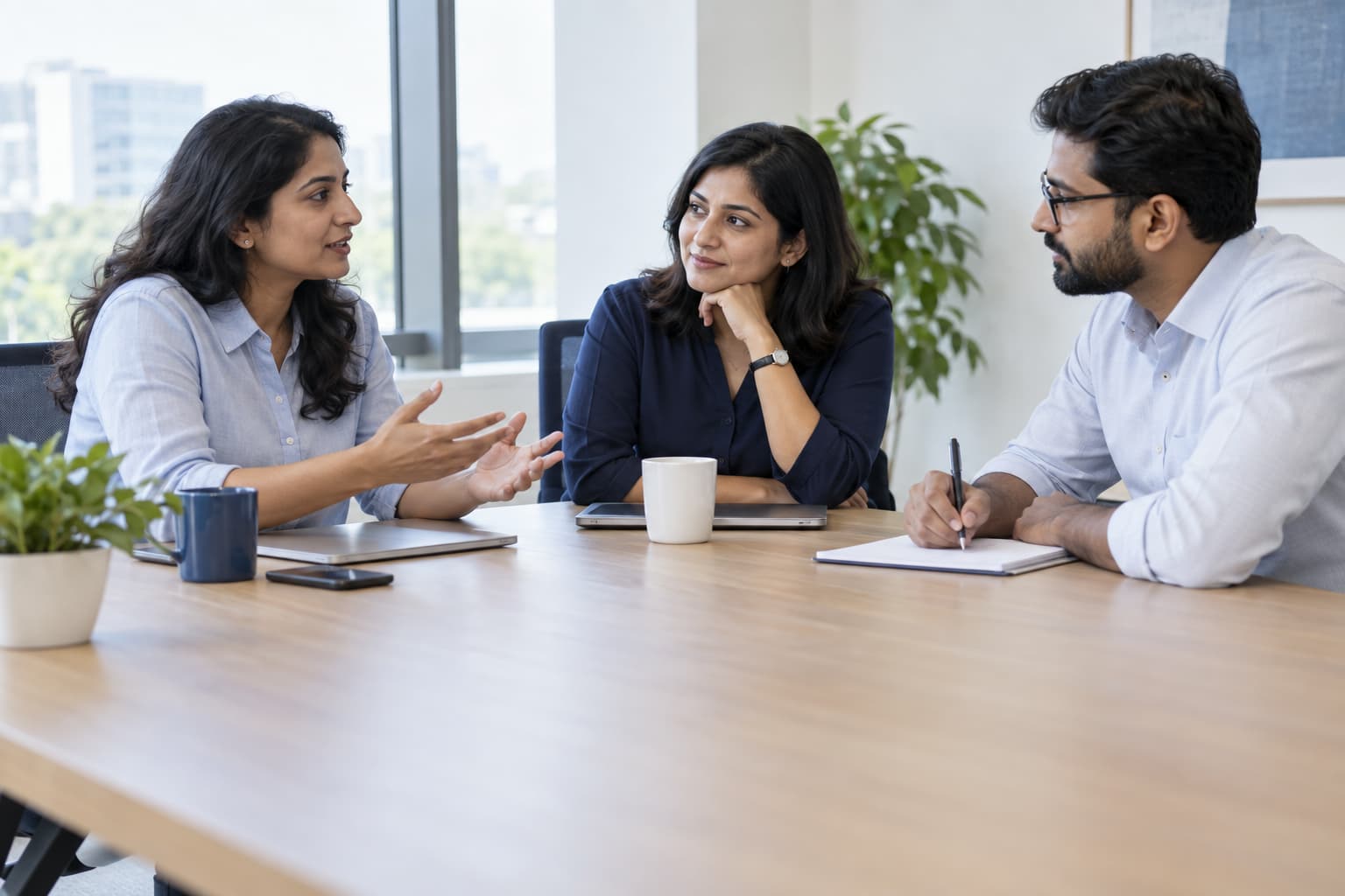 Three colleagues having a thoughtful workplace conversation